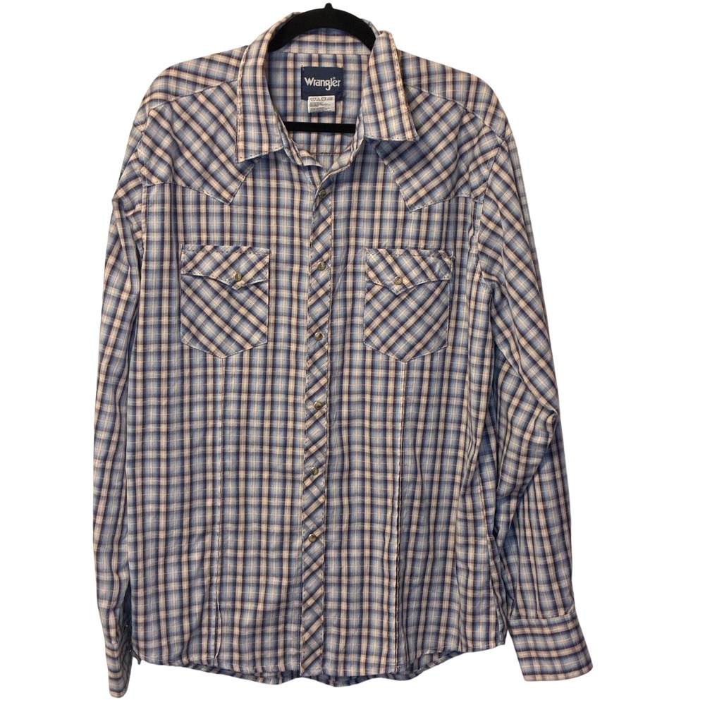 Wrangler Womens XL Blue Plaid Western Pearl Snap Long Sleeve Shirt MVG015M